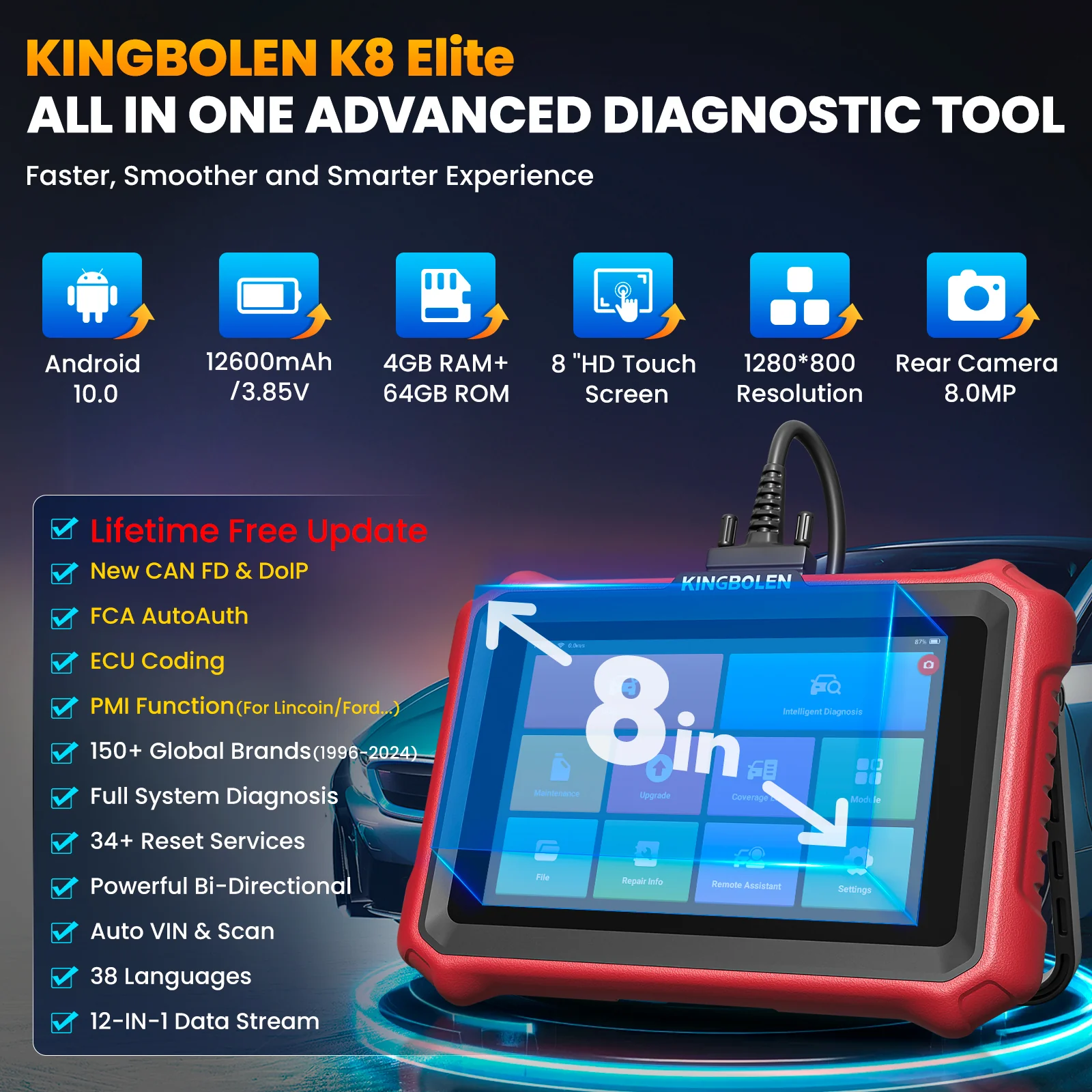 KINGBOLEN K8 Elite OBD2 Scanner Wired Version, Lifetime Free Updates, 8" Diagnostic Tool, ECU Coding, Bi-Directional Control, 34+ Reset Functions, CANFD & DOIP Supported, FCA AutoAuth - Image 4