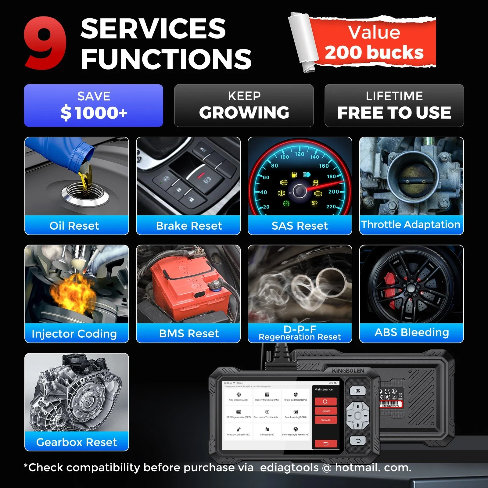 KINGBOLEN S608 Bi-Directional OBD2 Scanner with CAN FD & FCA/SGW Support for Full System Diagnostics and 9 Service Resets, Lifetime Free Update. - Image 7