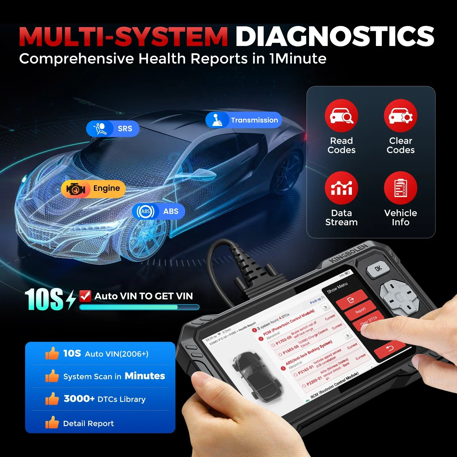 KINGBOLEN S608 Bi-Directional OBD2 Scanner with CAN FD & FCA/SGW Support for Full System Diagnostics and 9 Service Resets, Lifetime Free Update. - Image 8