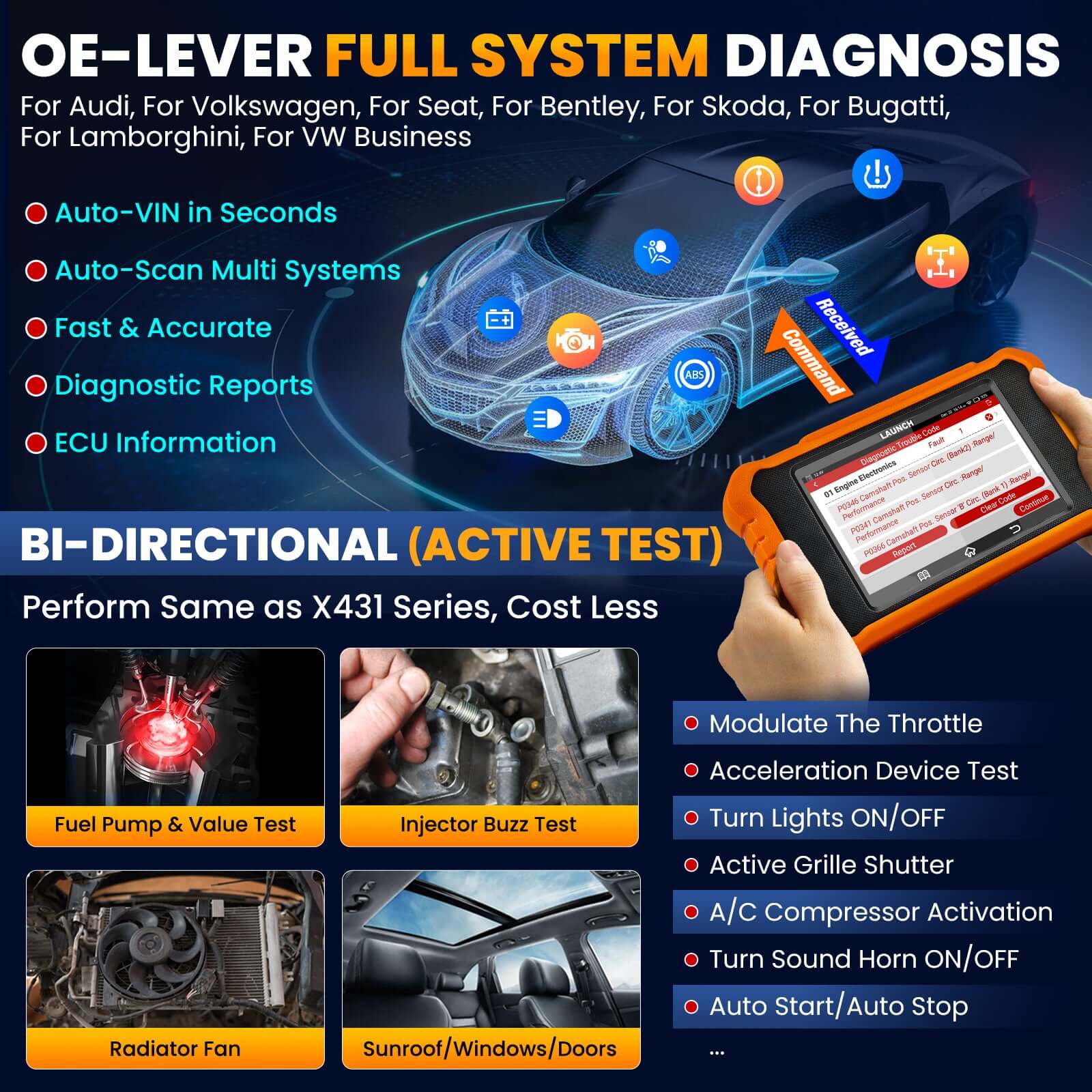 LAUNCH X431 Creader Elite 2.0 For AUDI OBD2 Scanner Bi Directional Diagnostic Tool SRS DPF Oil Reset Code Reader(Support Volkswagen, Audi, Bentley, Skoda, Bugatti, Lamborghini, Seat) - Image 8