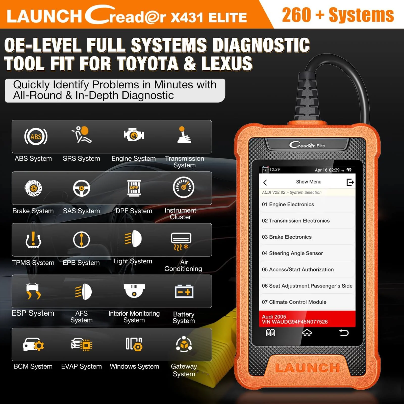 LAUNCH X431 Creader Elite for Toyota Car OBD2 Bi directional Diagnostic Scanner  ALL System Code Reader (Support Lexus, Toyota China) - Image 5