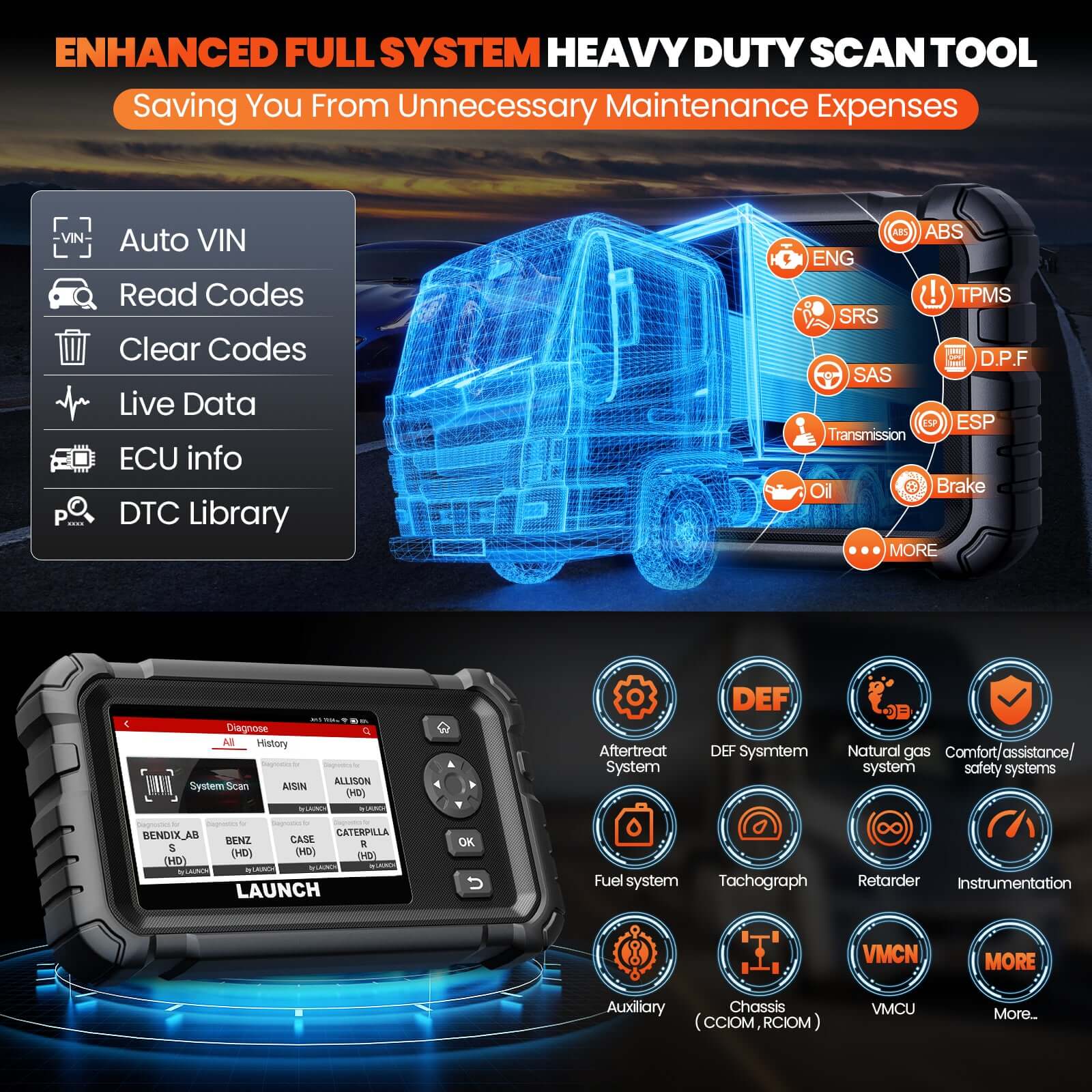 LAUNCH CRP129 HD Elite Heavy Duty Truck Full System Scanner with 7 Resets - Image 5